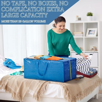 4 Pack Extra Large Moving Bags - Heavy Duty Storage Totes with Backpack Straps & Strong Zippers | Space-Saving Blue