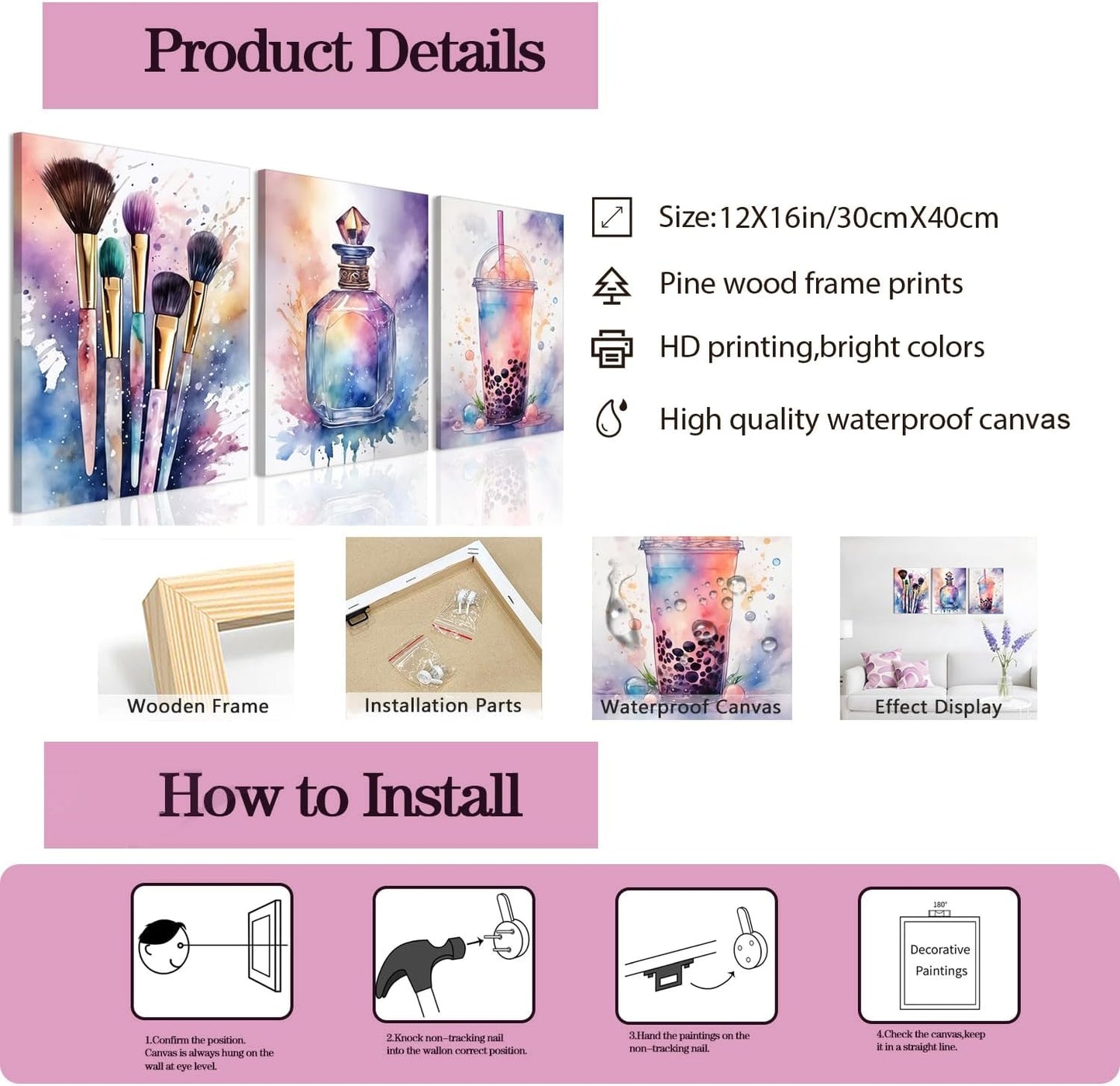 Skiennix Framed Teen Girls Bedroom Wall Art - Colorful Fashion Makeup & Drink Prints | 12x16 Inch Decor