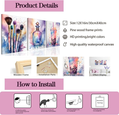 Skiennix Framed Teen Girls Bedroom Wall Art - Colorful Fashion Makeup & Drink Prints | 12x16 Inch Decor