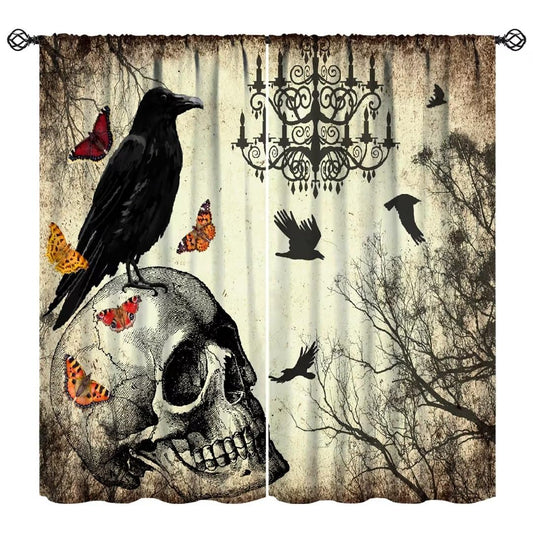 JanJCurt Halloween Skull Curtains, Vintage Newspaper Misty Forest Gothic Scary Black Crow Print Thermal Insulation Blackout Window Treatments for Kids Boys Bedroom Living Room, W42xL45in