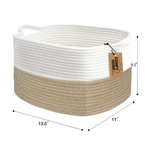 Comfy-Homi Cotton Rope Woven Storage Basket - Stylish Toy Organizer with Handles | 13.5"x11"x9.5" - Light Brown