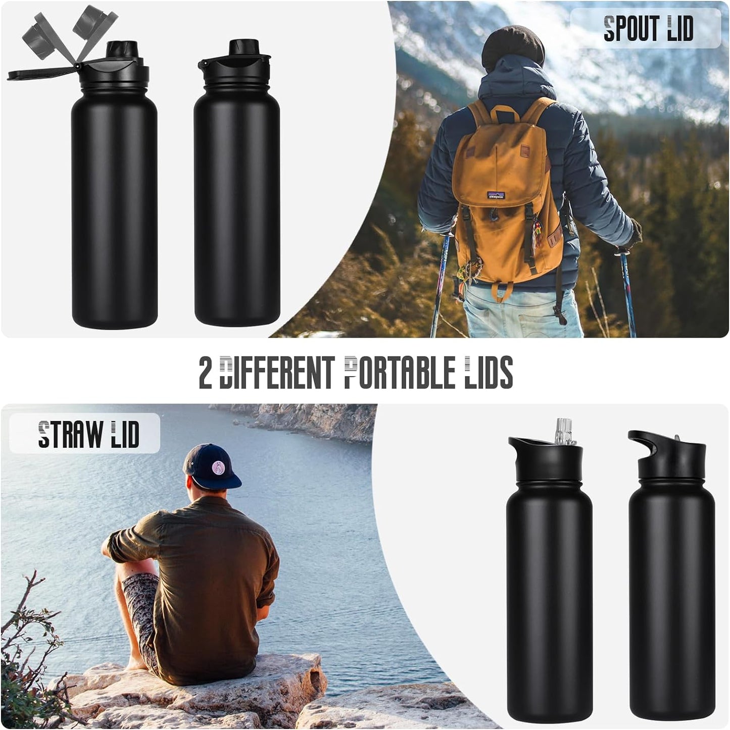 Skiennix 40 Oz Insulated Water Bottle - Stainless Steel, Double Wall, Leakproof | Black with Straw & Wide Mouth Lid