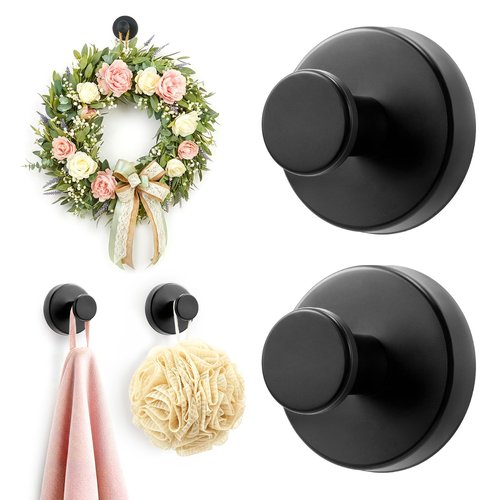 Upgraded Suction Cup Hooks for Shower, Heavy Duty Removable Towel Hooks for Bathroom Glass Door Wall, Stainless Steel Shower Hooks for Towel & Loofah (2 Pack, Black)