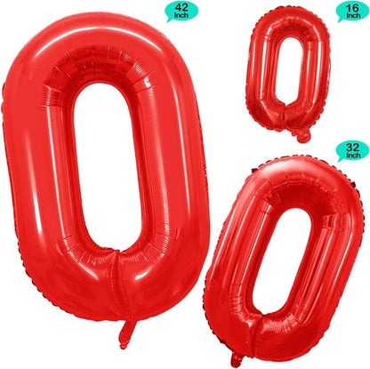 GOER Red Foil Balloons - Number 0 for Milestone Birthdays & Anniversaries | 3 Pcs Set (42", 32", 16")