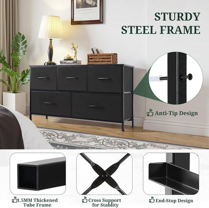 5-Drawer Dresser by [Brand Name] - Anti-Tip Fabric Storage Organizer with Wooden Top | Black