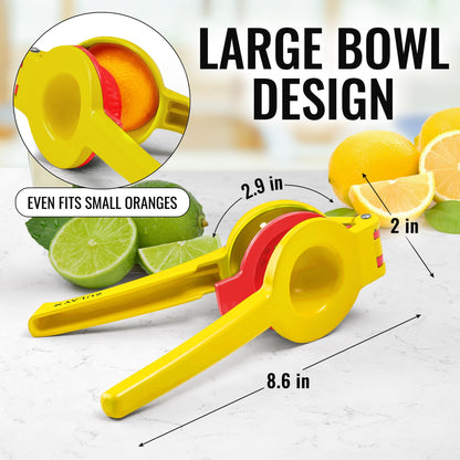 Zulay Metal 2-In-1 Lemon Squeezer Manual - Sturdy, Max Extraction Hand Juicer Lemon Squeezer Gets Every Last Drop - Easy to Clean Manual Citrus Juicer - Easy-to-Use Lemon Juicer Squeezer - Yellow/Red