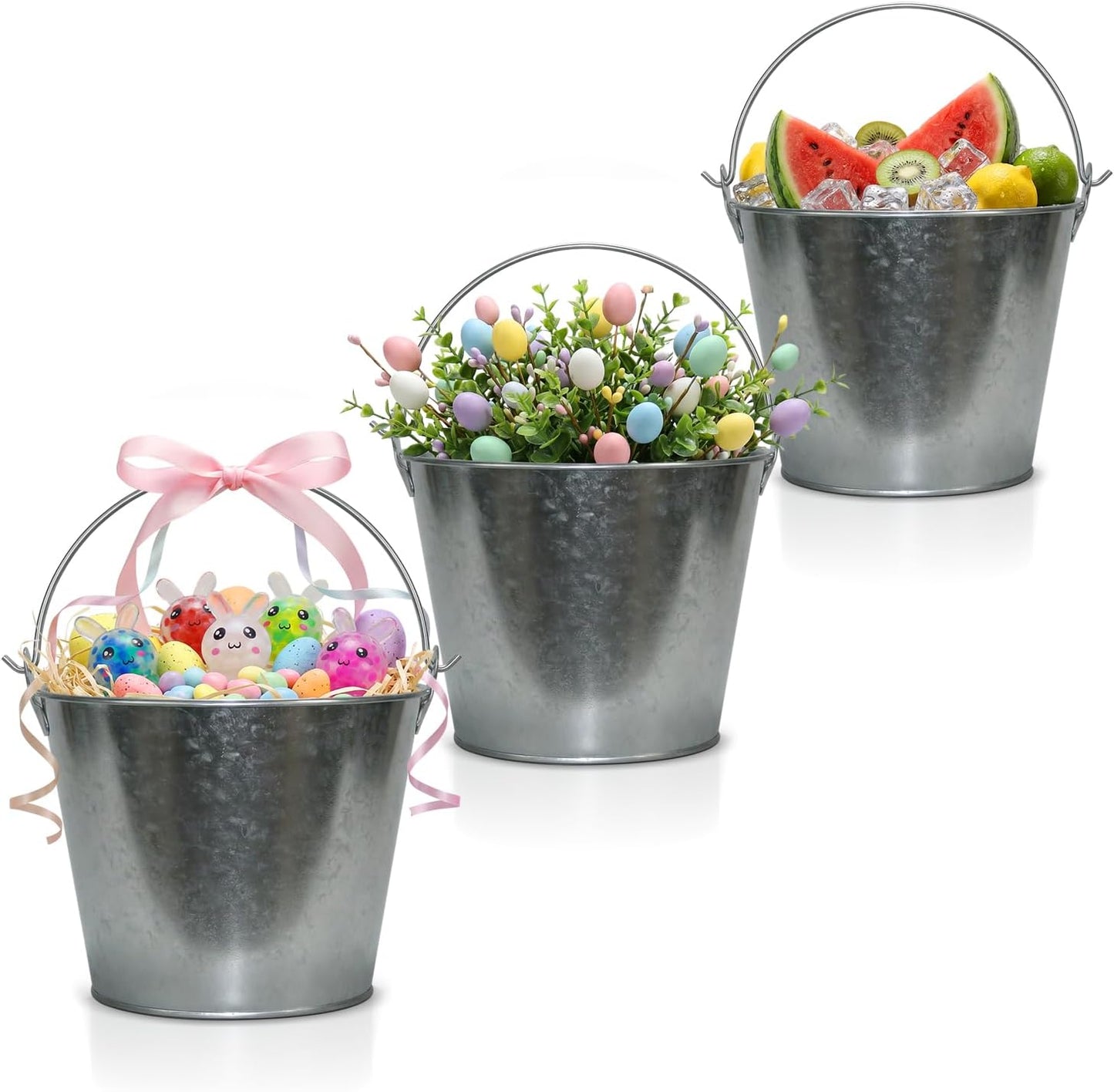 PLEXON Metal Ice Bucket for Parties Coctail Bar Restaurant - Drink Beer Champagne Metal Pail Bucket with Handle, Beverage Chiller, Galvanized Steel, 1.3 Gallon, Set of 3