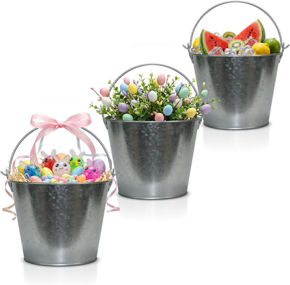 PLEXON Metal Ice Bucket for Parties Coctail Bar Restaurant - Drink Beer Champagne Metal Pail Bucket with Handle, Beverage Chiller, Galvanized Steel, 1.3 Gallon, Set of 3