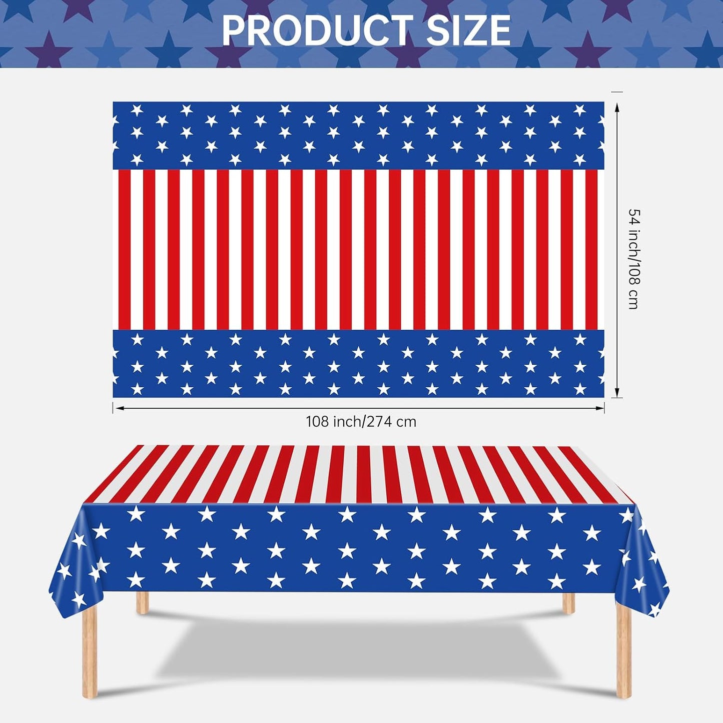 Patriotic 4th of July Tablecloth by [Brand Name] - Disposable Rectangle USA Flag Design, 54" x 108"