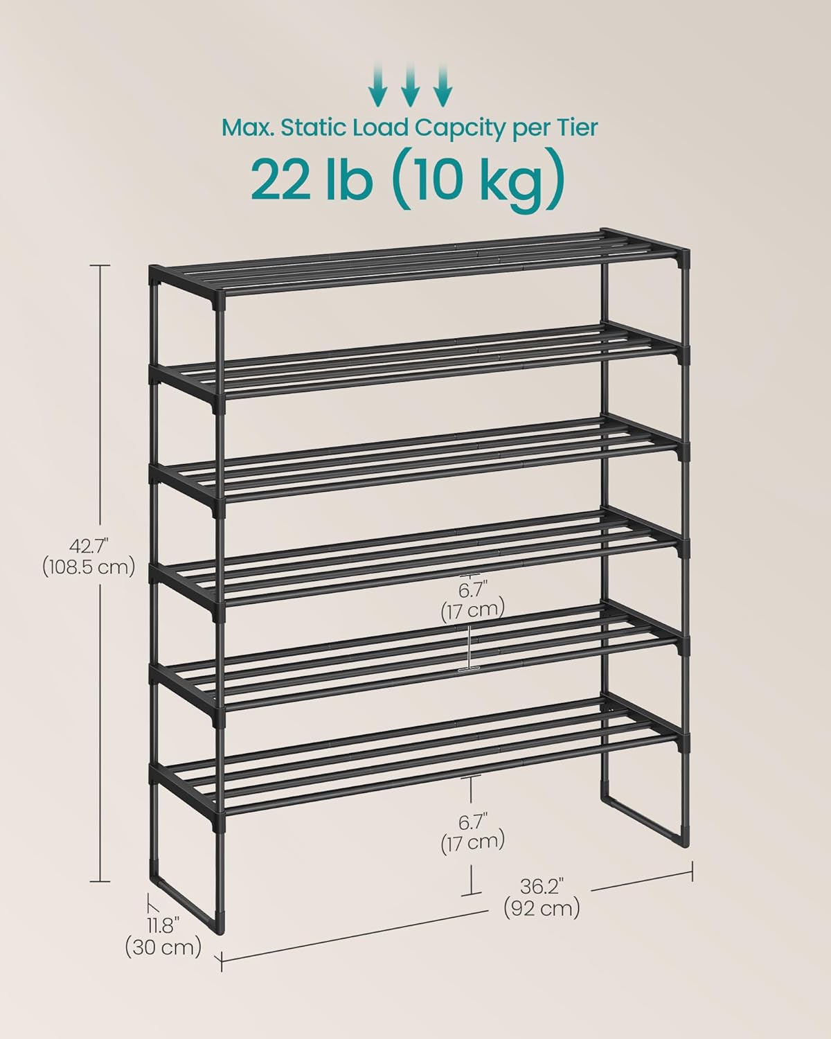 SONGMICS 6-Tier Shoe Rack - Stackable Metal Organizer for 24-30 Pairs | Black, 11.8 x 36.2 x 42.7 Inches