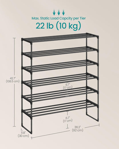 SONGMICS 6-Tier Shoe Rack - Stackable Metal Organizer for 24-30 Pairs | Black, 11.8 x 36.2 x 42.7 Inches