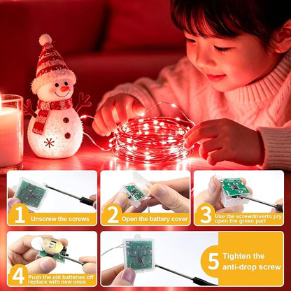 Red Fairy Lights 12 Pack with Remote & Timer - 7ft Silver Wire, IP65 Battery Operated