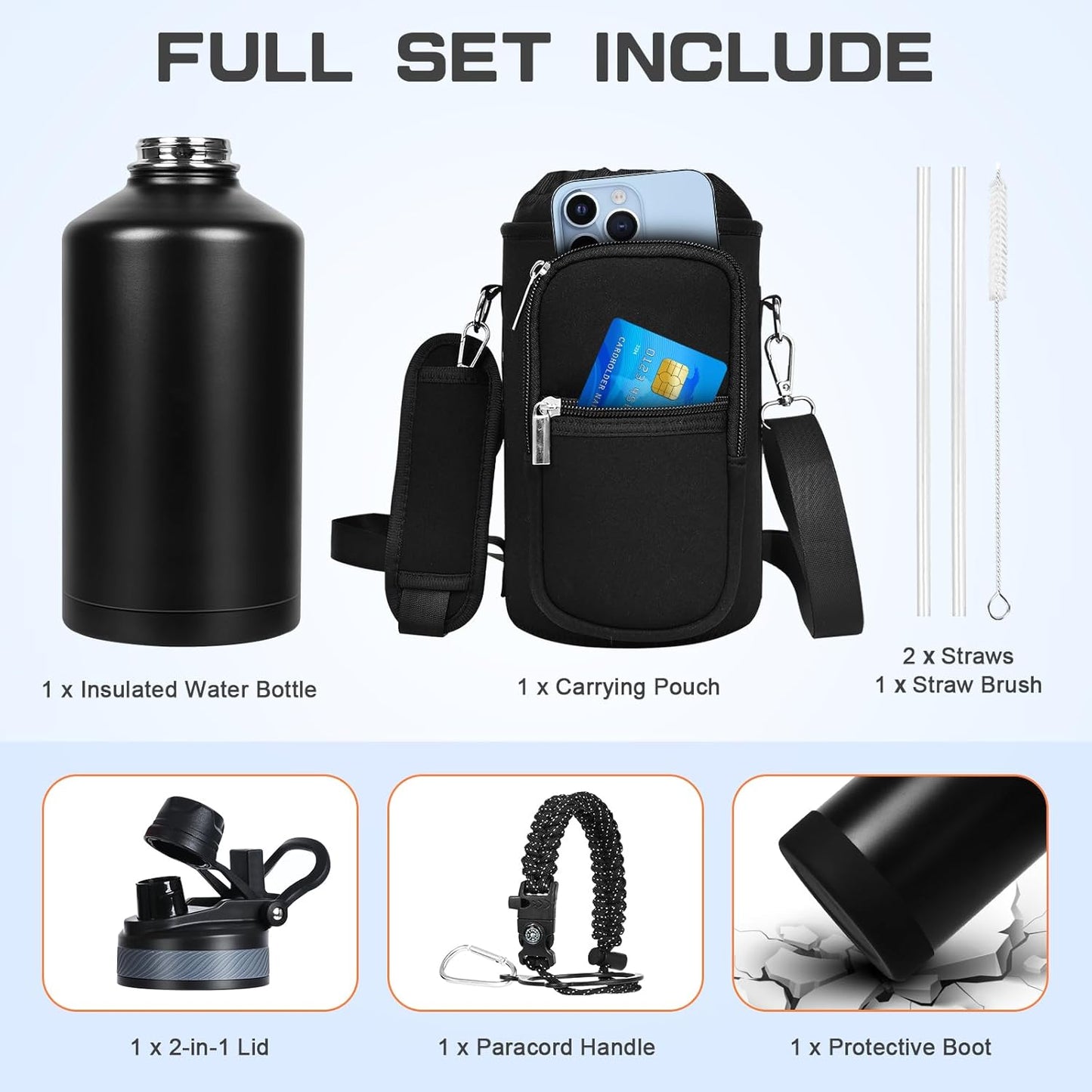 Skiennix 1 Gallon Insulated Water Bottle - Leak Proof Stainless Steel Jug with 2-in-1 Lid & Paracord Handle