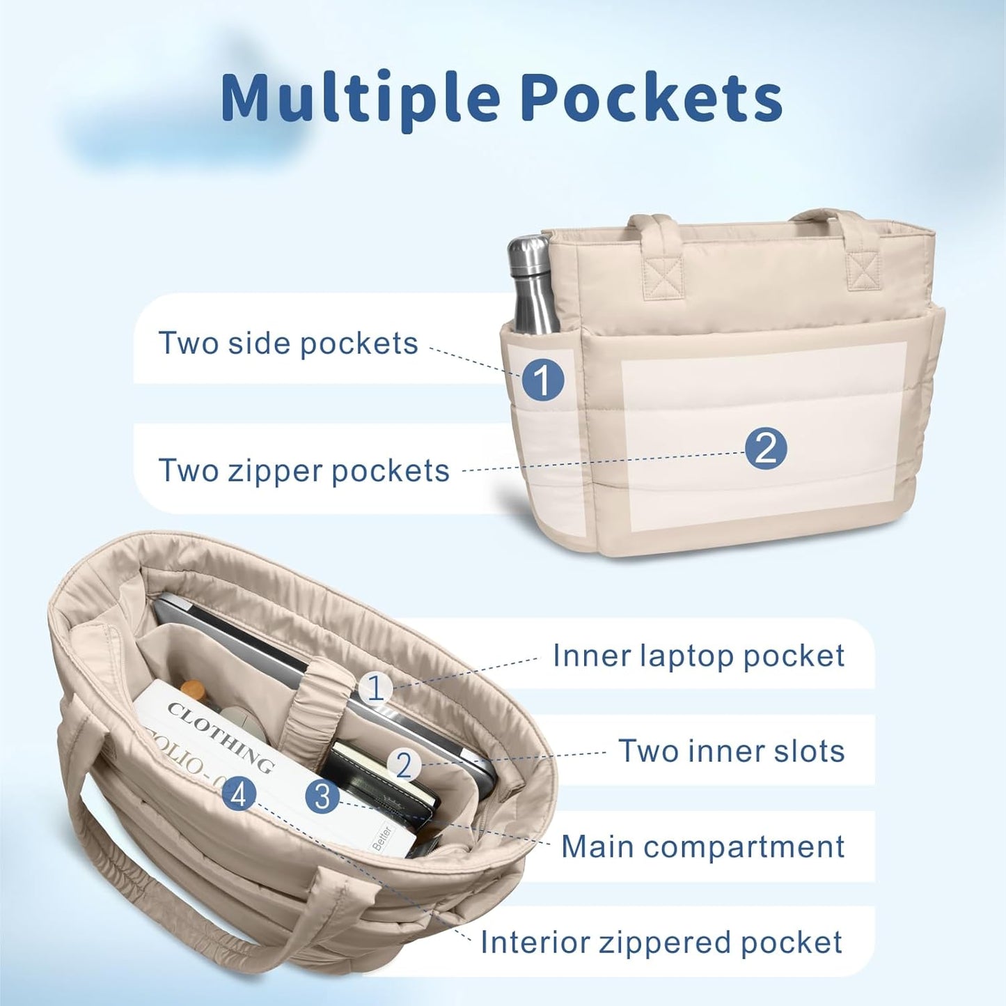 TOPDesign Puffer Tote Bag - Lightweight Quilted Handbag with Compartments for Work & Travel