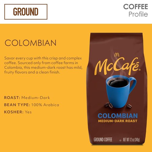 McCafe Colombian Ground Coffee - Medium Roast, 12oz Bag for Rich Flavor and Aroma