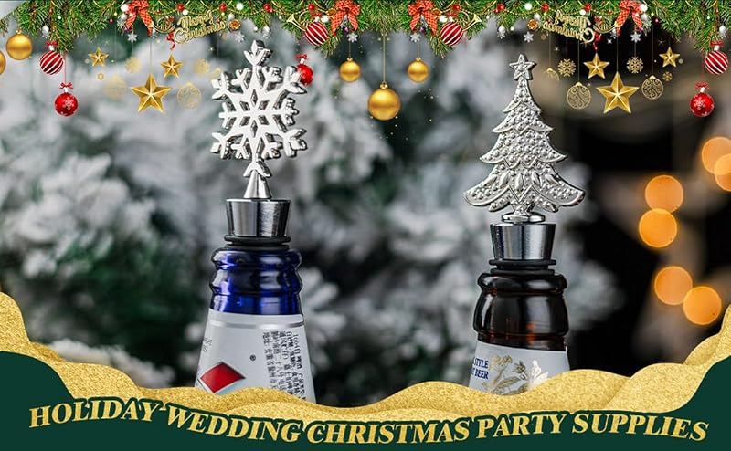 4 Pack Christmas Bottle Stoppers - Santa, Snowflake, Stocking & Tree (Silver) - Gift Box Holiday Set