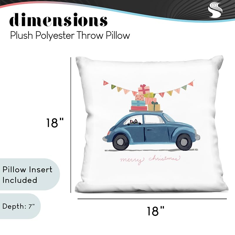 Blue Merry Christmas Car Cat 18x18 Inch Indoor Throw Pillow — Variation Merry Christmas Car Cat