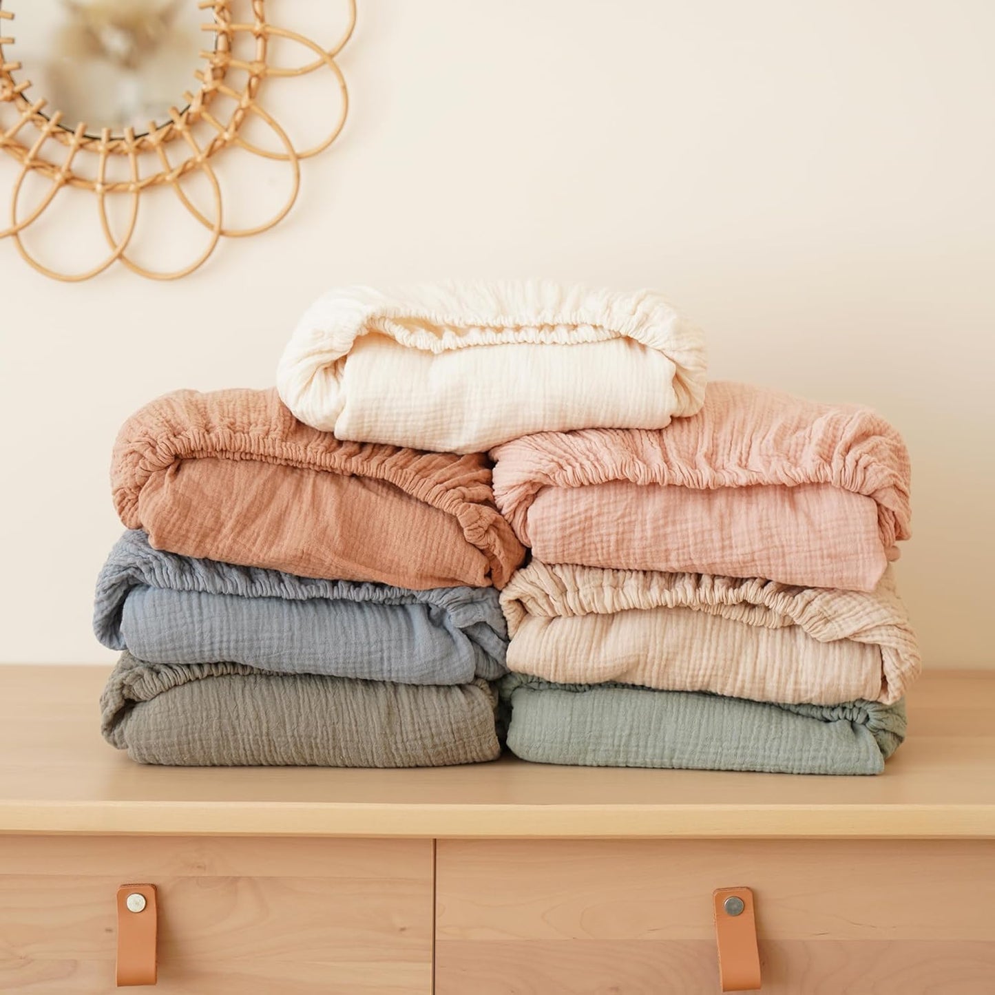 Konssy Muslin Crib Sheets for Boys, Soft Cotton Neutral Baby Sheets for Standard Crib Mattress 2 Pack, 52"x28" (Fog Green,Cream)