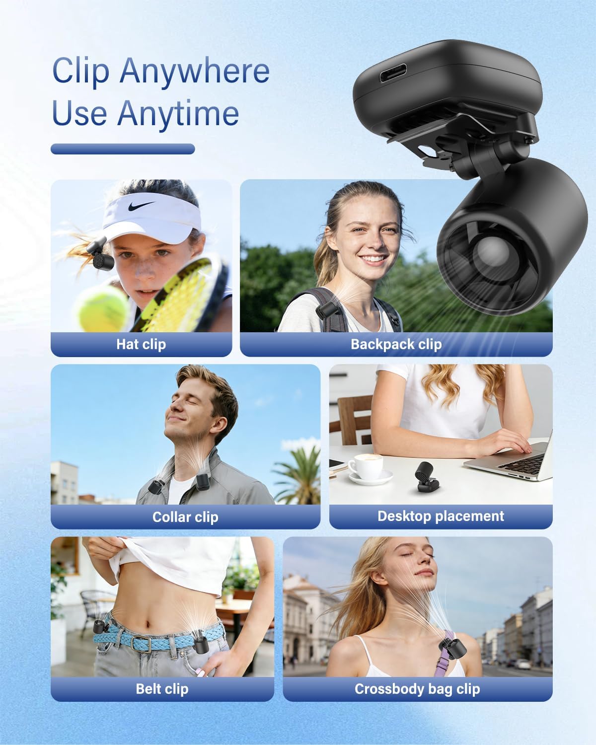 Skiennix Mini Clip-On Fan - Ultra-Lightweight 2oz Rechargeable Cooling Fan with 3 Speeds | Black