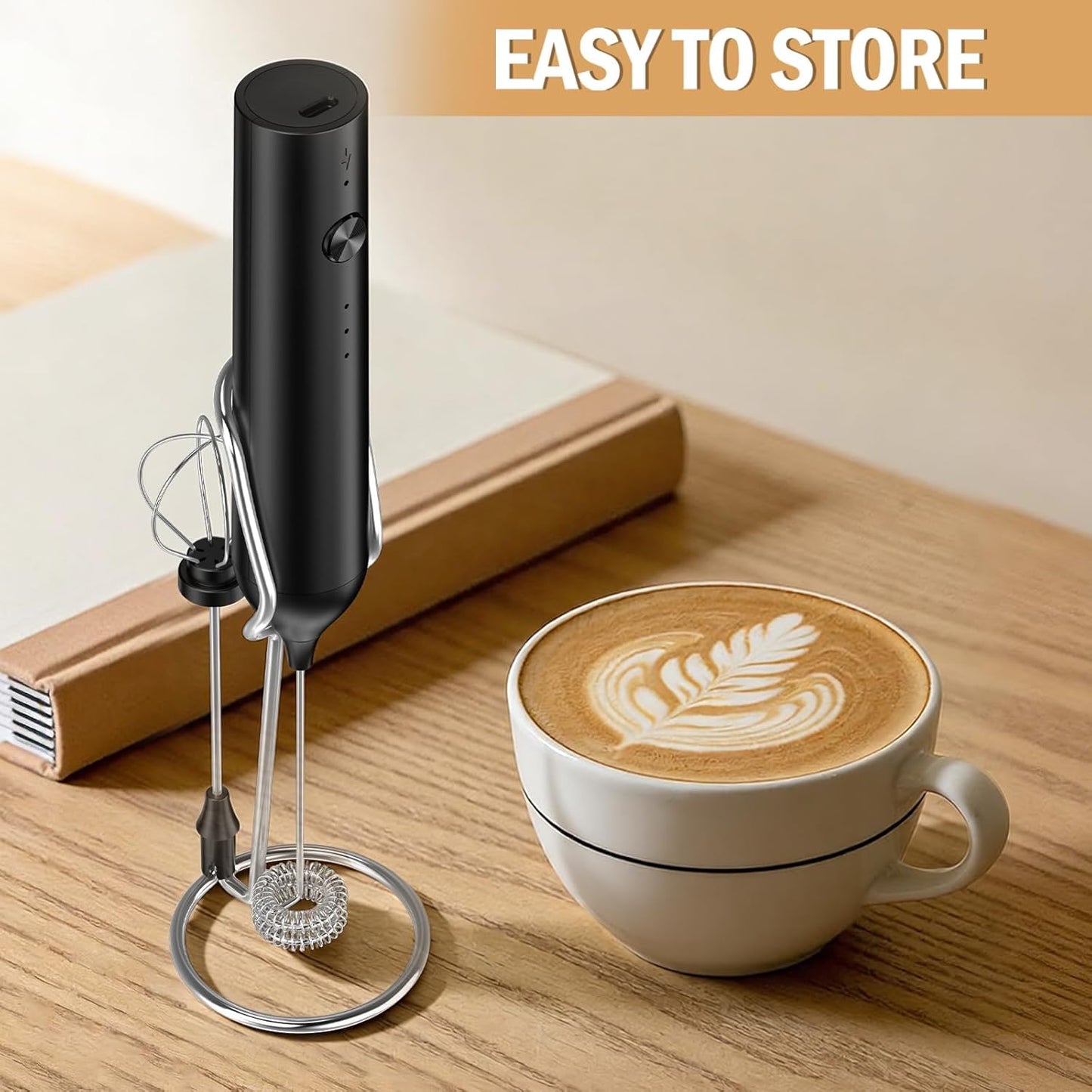 Skiennix Rechargeable Milk Frother - Handheld Electric Whisk with 3 Speeds & 2 Heads | Black