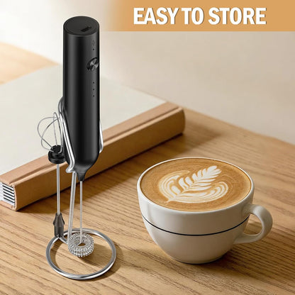 Skiennix Rechargeable Milk Frother - Handheld Electric Whisk with 3 Speeds & 2 Heads | Black