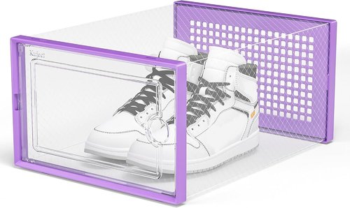 Kuject X-Large Shoe Storage Boxes - Clear Plastic Stackable 12 Pack for Sneakers & Toys | Purple