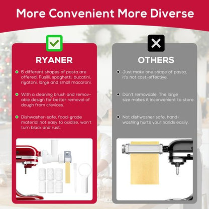 Gourmet 6 IN 1 Pasta Maker Attachment for Kitchenaid Stand Mixer with 6 Different Shapes of Pasta Outlet & Cleaning Brush, Durable Pasta Press Attachments for Kitchen Aid Accessories, Dishwasher Safe