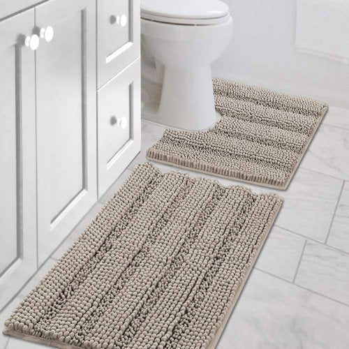 H.VERSAILTEX Bathroom Rugs Bath Rug Set 2 Piece Bathroom Contour Rug Toilet Mat Sets Non Slip Contour Bath Rug Ultra Thick Water Absorbent Striped Bath Mats Washable(20" x 32" Plus 20" x 20" U, Taupe)