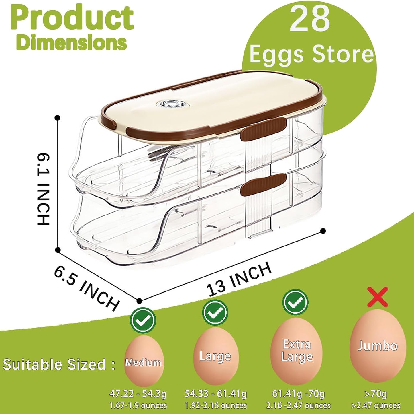 Skiennix Egg Holder - Automatic Rolling Egg Dispenser with Lid & Handle | Stackable for Fridge & Pantry Storage