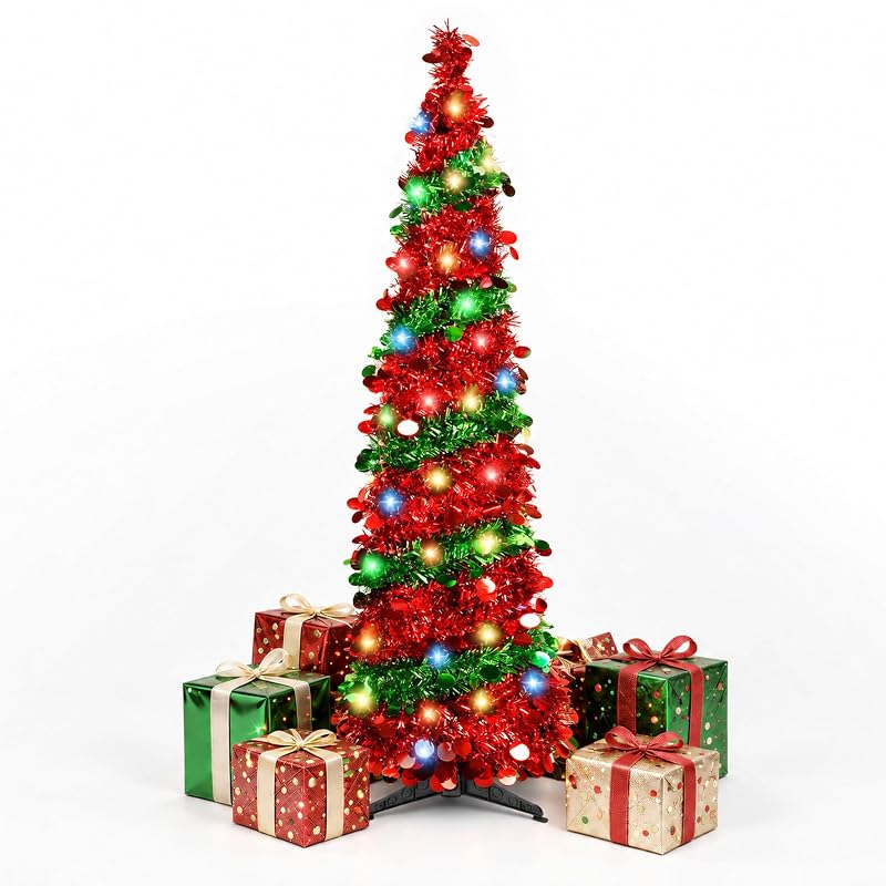 5ft Pop Up Christmas Tree with 90 LED Lights - Collapsible Tinsel Tree (Green) - Indoor Outdoor