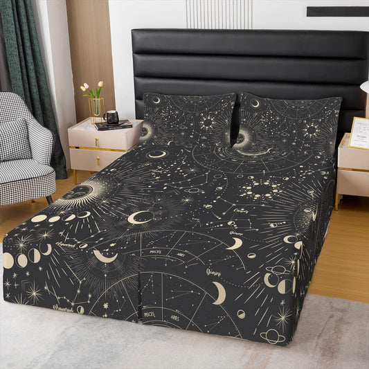 Sun and Moon Bed Skirts Queen Size, Boho Exotic Bed Skirt, Galaxy Astrology Bedskirt Soft Quadruple Pleated Ruffle Chic Luxury Zodiac Signs Dust Ruffle 15 Inch Drop for Kids Adults Bedroom Decor