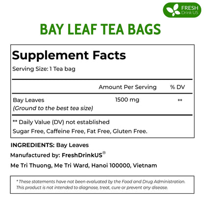 FreshDrinkUS, Premium 105 Bay Leaf Tea Bags, 100% Natural & Pure from Bay Leaves. Loose Leaf Bay Herbal Tea. Made with Natural Material Tea Bags, No Sugar, No Caffeine, No Gluten, Vegan.