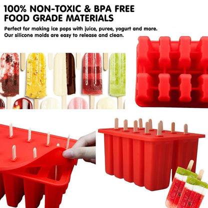 Homemade Popsicle Molds Shapes, 10PCS Silicone Ice Pop Maker Non-BPA, with 50 Sticks, 50 Bags, 10 Reusable Sticks, Funnel, Brush and Ice Pop Recipes