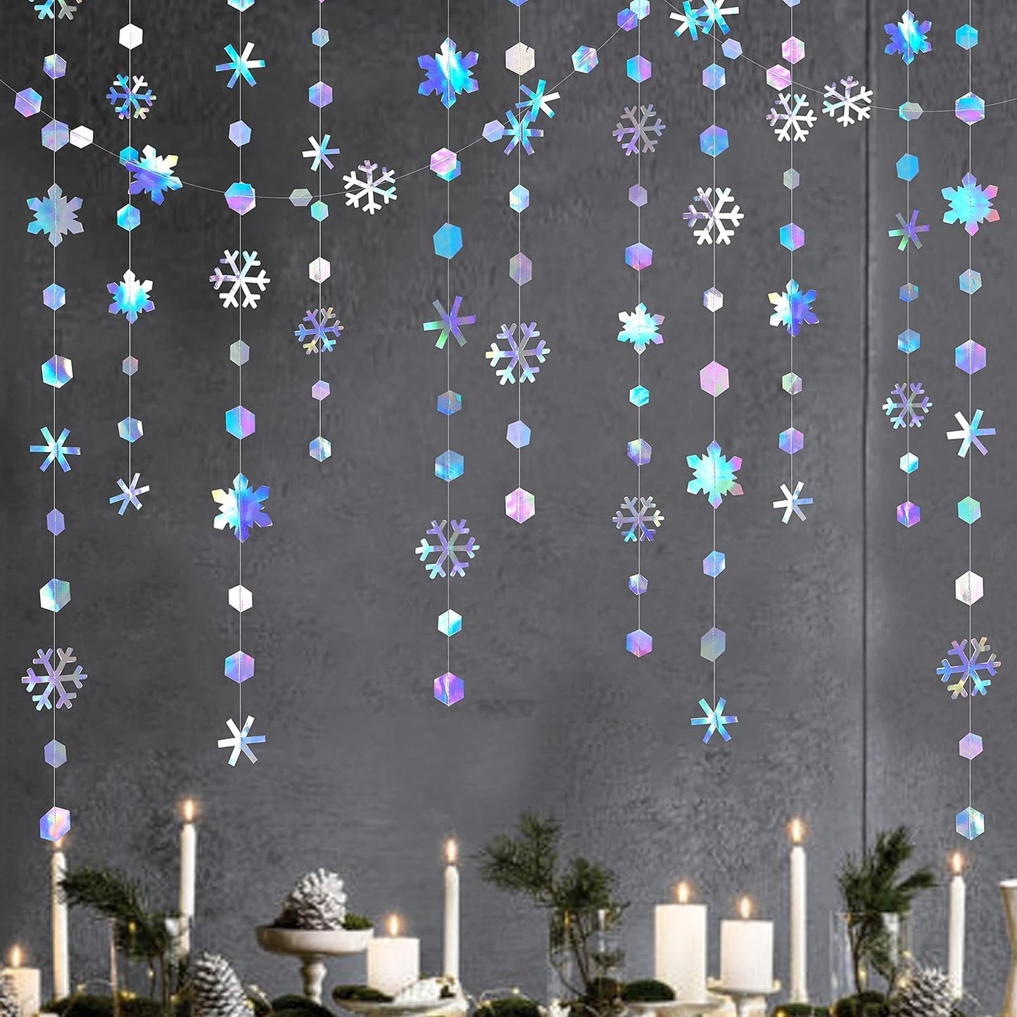 Skiennix Holographic Snowflake Decorations - Iridescent 13-Inch Hanging Garland for Holiday Parties