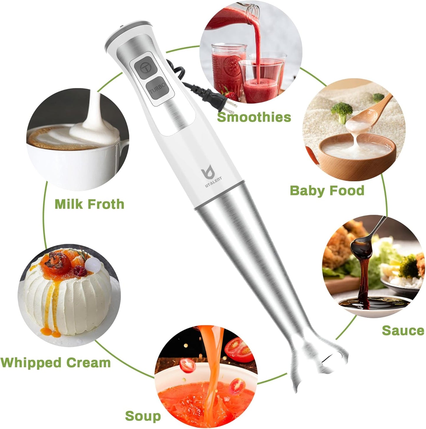 UTALENT Immersion Blender - 5-in-1 8-Speed with Food Grinder, Milk Frother & Egg Whisk - White