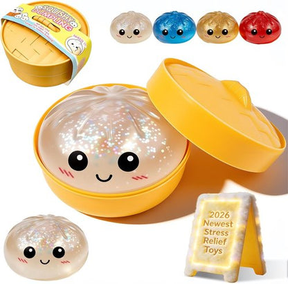 **Dumpling Squishy Mystery Box - Glittery Gluten-Free Mini Bao Bun Stress Relief Toy | Fun Fidget Surprise (White)**