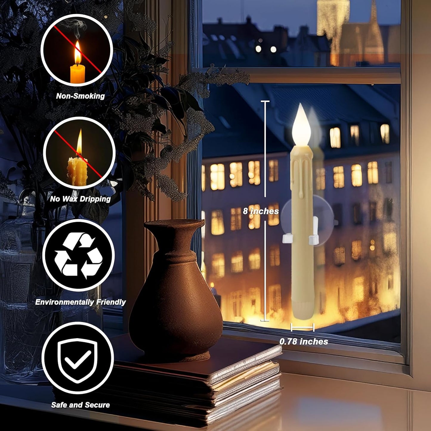 Skiennix 6 Pcs Sensor Window Candles - Flickering LED Lights with Suction Cups for Xmas Decor | White
