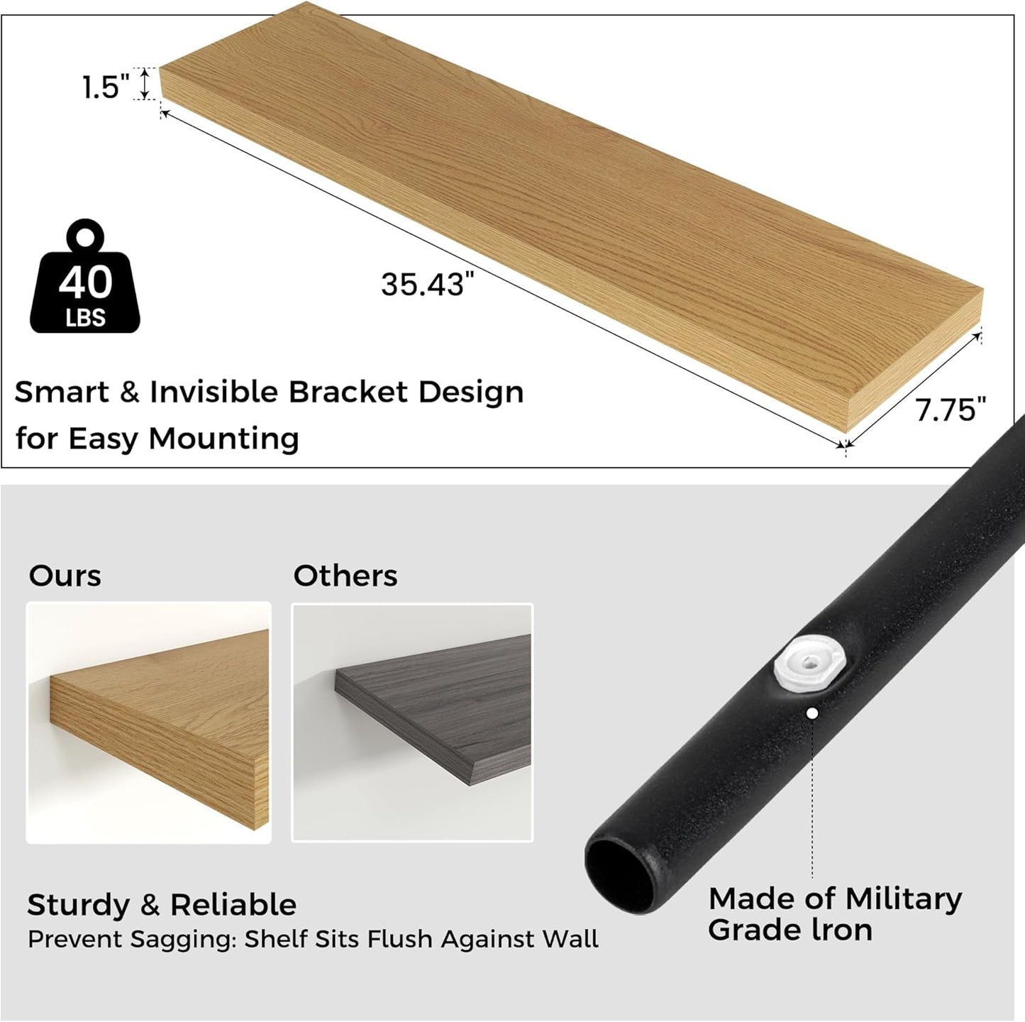 Venusmiles Floating Wall Shelves - 36 Inch Engineered Wood with Invisible Brackets | Oak Finish, Set of 2