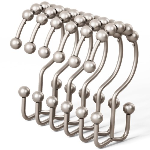 DAWNER Shower Curtain Hooks, Rust Proof Metal Easy Glide Double Rings, Stainless Steel Hangers for Bathroom Curtains, Set of 12, Brushed Nickel