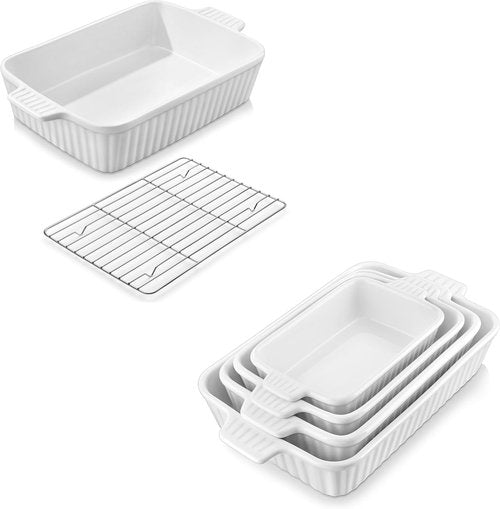MALACASA Ceramic Bakeware Set - 5-Piece Oven Safe Casserole Dishes | White, 9" to 14.7" Sizes