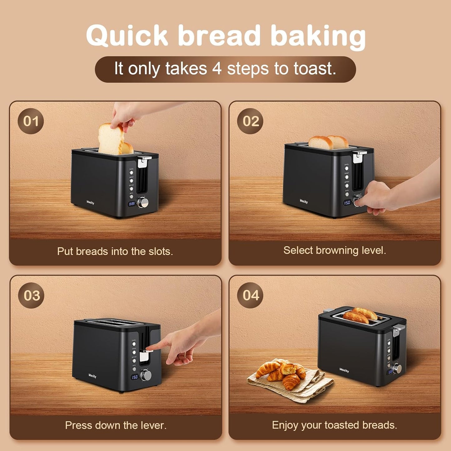 Mecity 2-Slice Stainless Steel Toaster - Extra Wide Slots, 6 Browning Settings, Timer & Warming Rack | Black