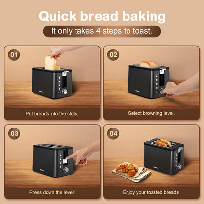 Mecity 2-Slice Stainless Steel Toaster - Extra Wide Slots, 6 Browning Settings, Timer & Warming Rack | Black