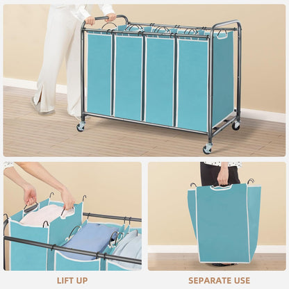 Storage Maniac Laundry Sorter - 4-Section 47.8 Gal Hamper with Wheels & Removable Bags - Blue