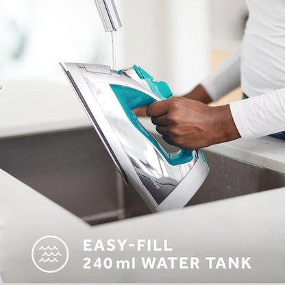 Sunbeam Turbo Steam Iron 1400W Quick Heat Stainless Steel Soleplate Shot of Steam Horizontal and Vertical 3 Way Auto Off 240ml Water Tank White Teal