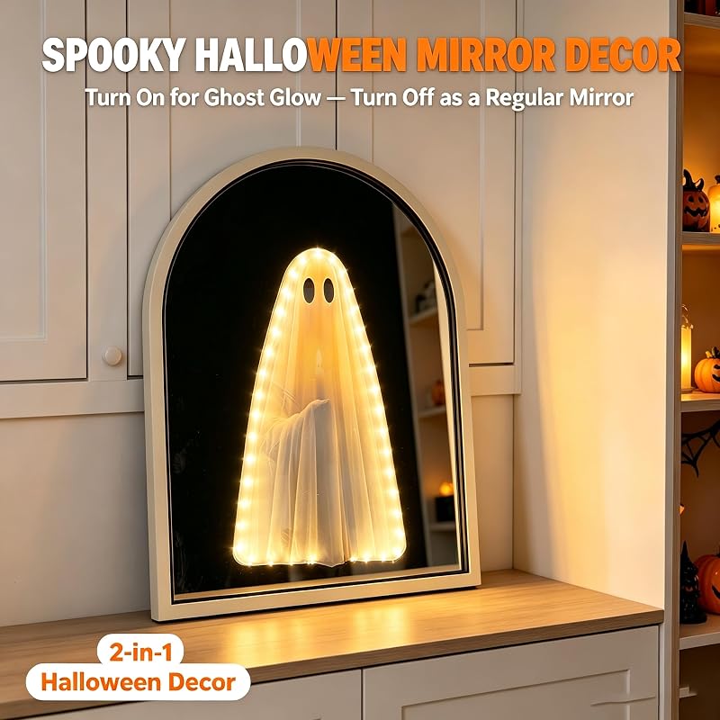 Light Up Ghost Arched Mirror - USB Powered Halloween Mantel Decor