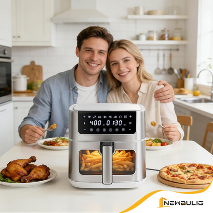 NEWBULIG Air Fryer - 6.34QT with Visible Window & Fast Heating - 8-in-1 Cooking Presets, Stainless Steel, White