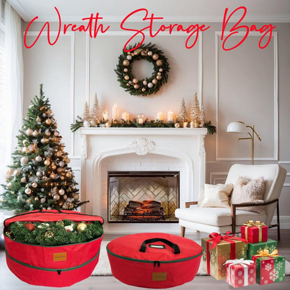 Skiennix Wreath Storage Container - Heavy Duty 600D Oxford Cloth, 24x12 Inch Red Double Bag for Holiday Wreaths