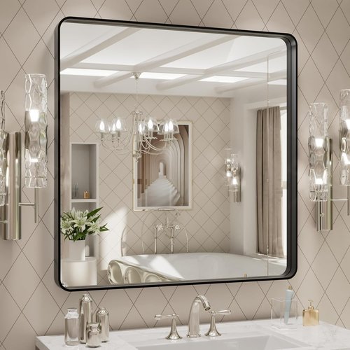 LOAAO Black Metal Framed Bathroom Mirror - 30x30 Inch Large Rounded Rectangle, Anti-Rust, Versatile Hang