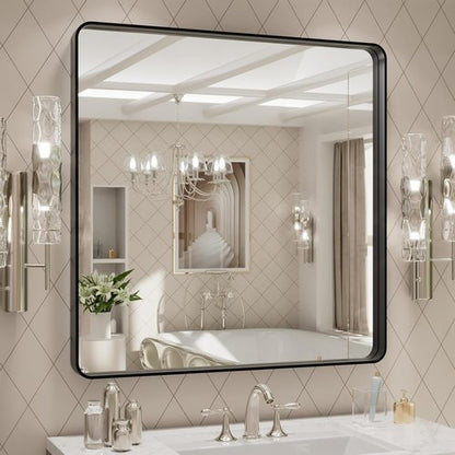 LOAAO Black Metal Framed Bathroom Mirror - 30x30 Inch Large Rounded Rectangle, Anti-Rust, Versatile Hang