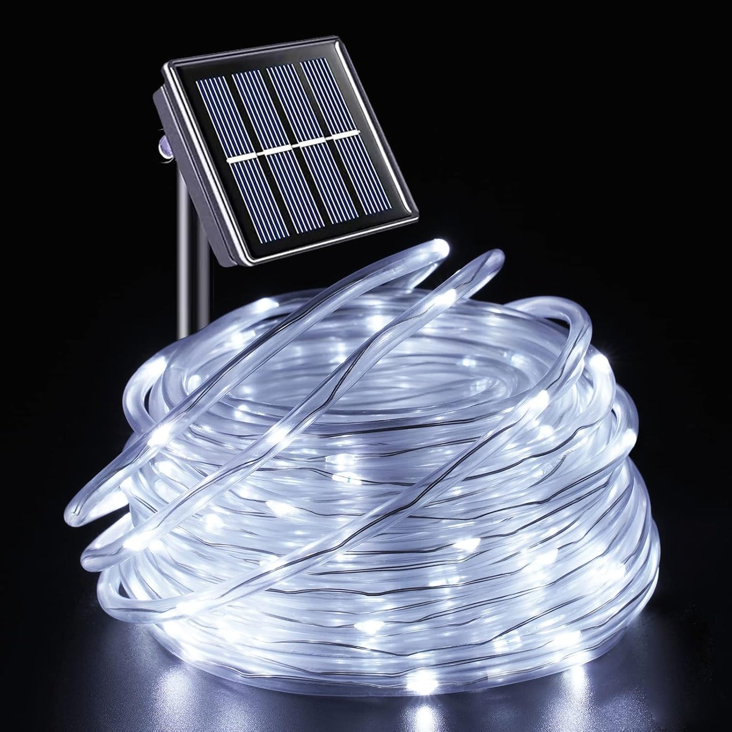 YEGUO Solar Rope Lights - 66ft Waterproof 200 LED White Fairy Lights | 8 Modes in Clear Tube